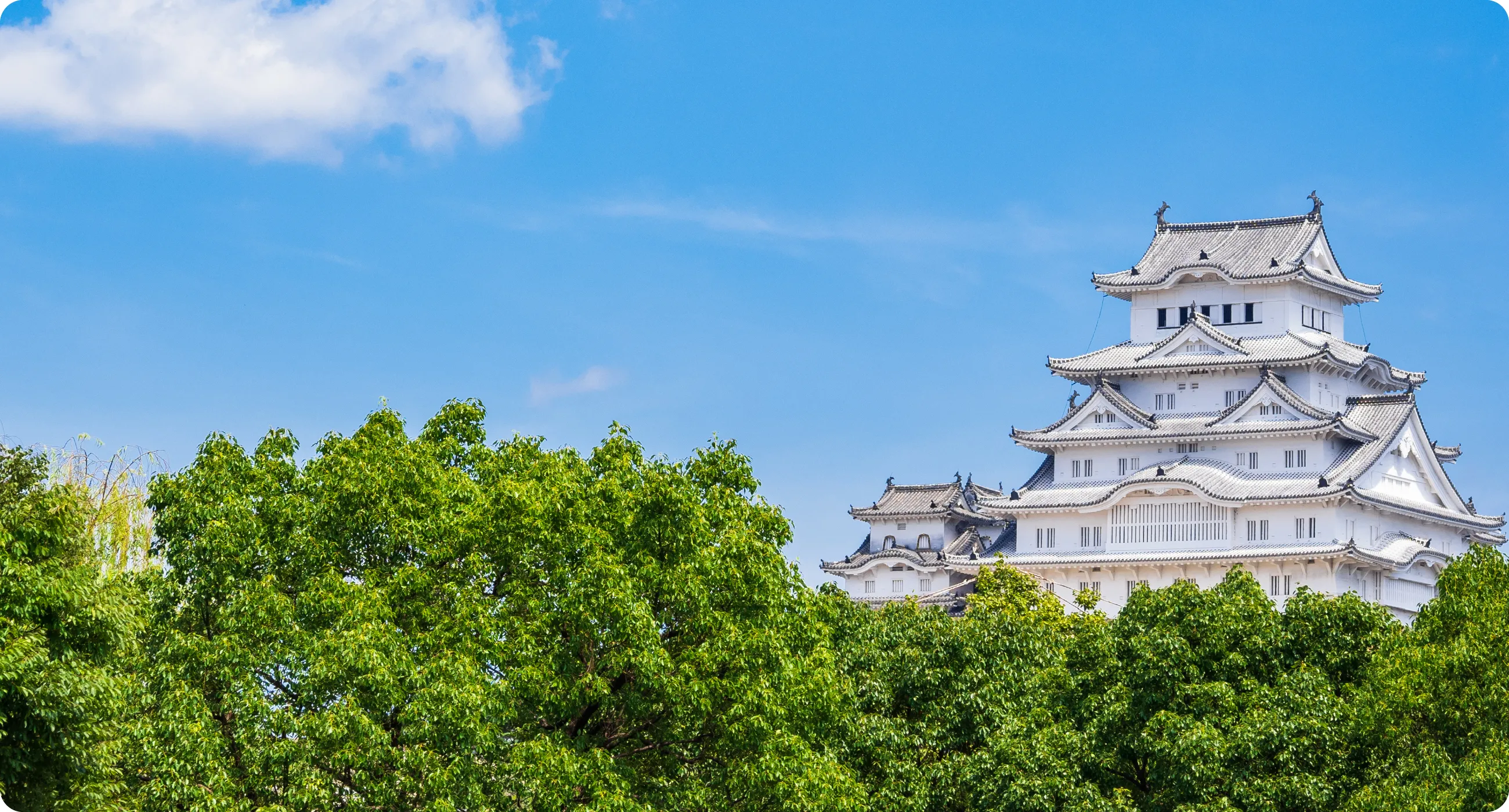 姫路城と青空、緑豊かな木々が広がる風景